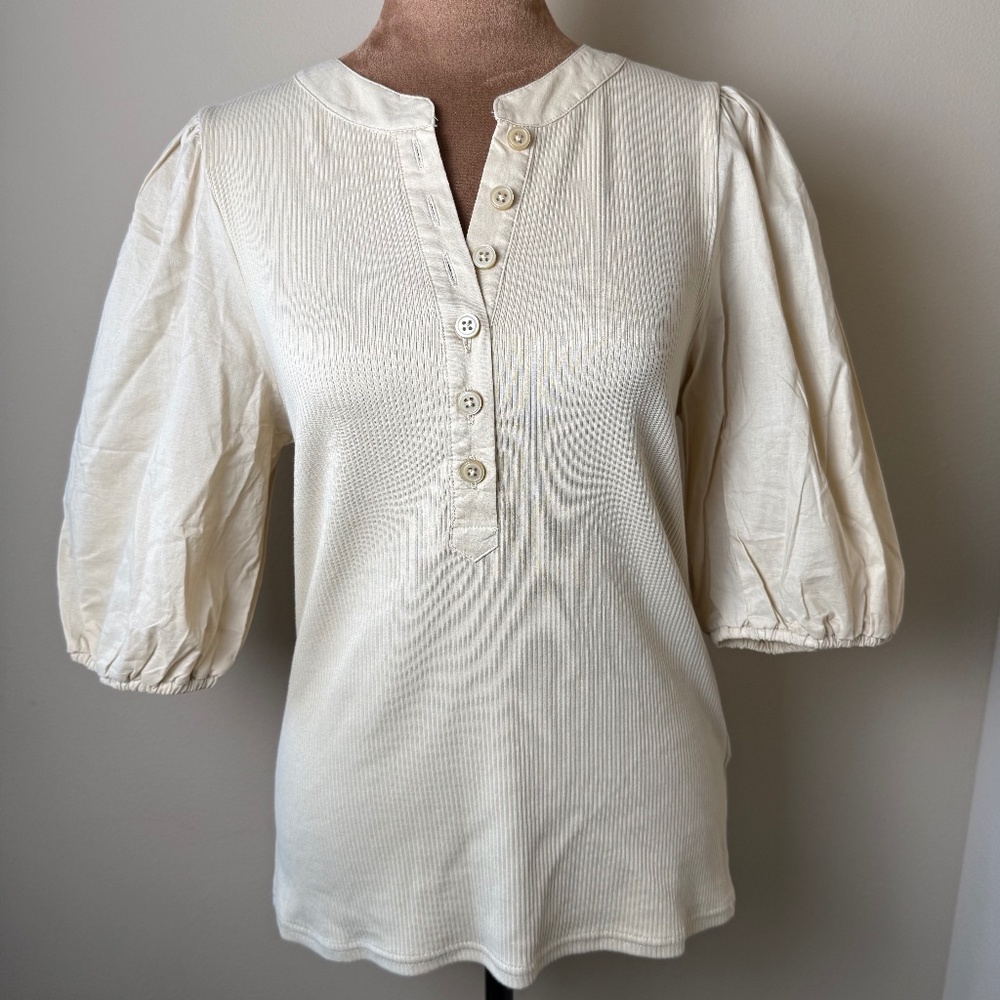 J.Crew Vintage Rib Puff Sleeve Henley Top Womens Medium Tan Shirt Blouse BQ896